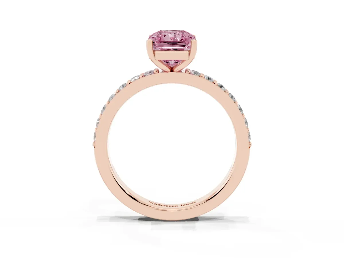 Fancy Pink Radiant Cut Cut Diamond Solitaire with Pave Band and Four-Prong Setting Rose gold