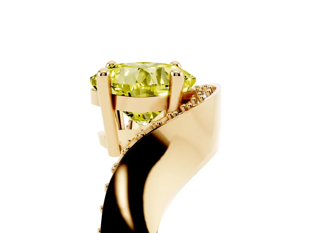 Fancy Yellow Cushion Cut Solitaire Diamond Engagement Ring with Pave Band and Four-Prong Setting Yellow gold