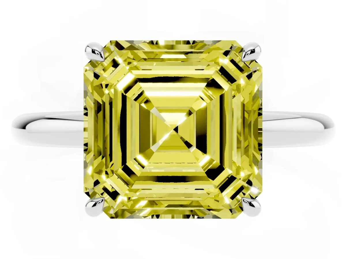 Fancy Yellow Asscher Cut Diamond Solitaire Ring with Thin Band and Four-Prong Setting Silver