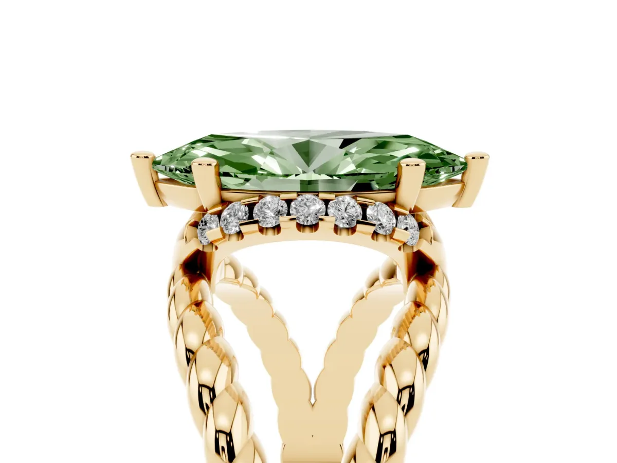 Fancy Green Marquise Cut Halo Twisted Band Four-Prong Ring Yellow gold