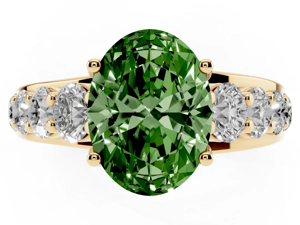 Fancy Green Oval Cut Diamond Engagement Ring with Pavé Band and Four-Prong Setting Yellow gold