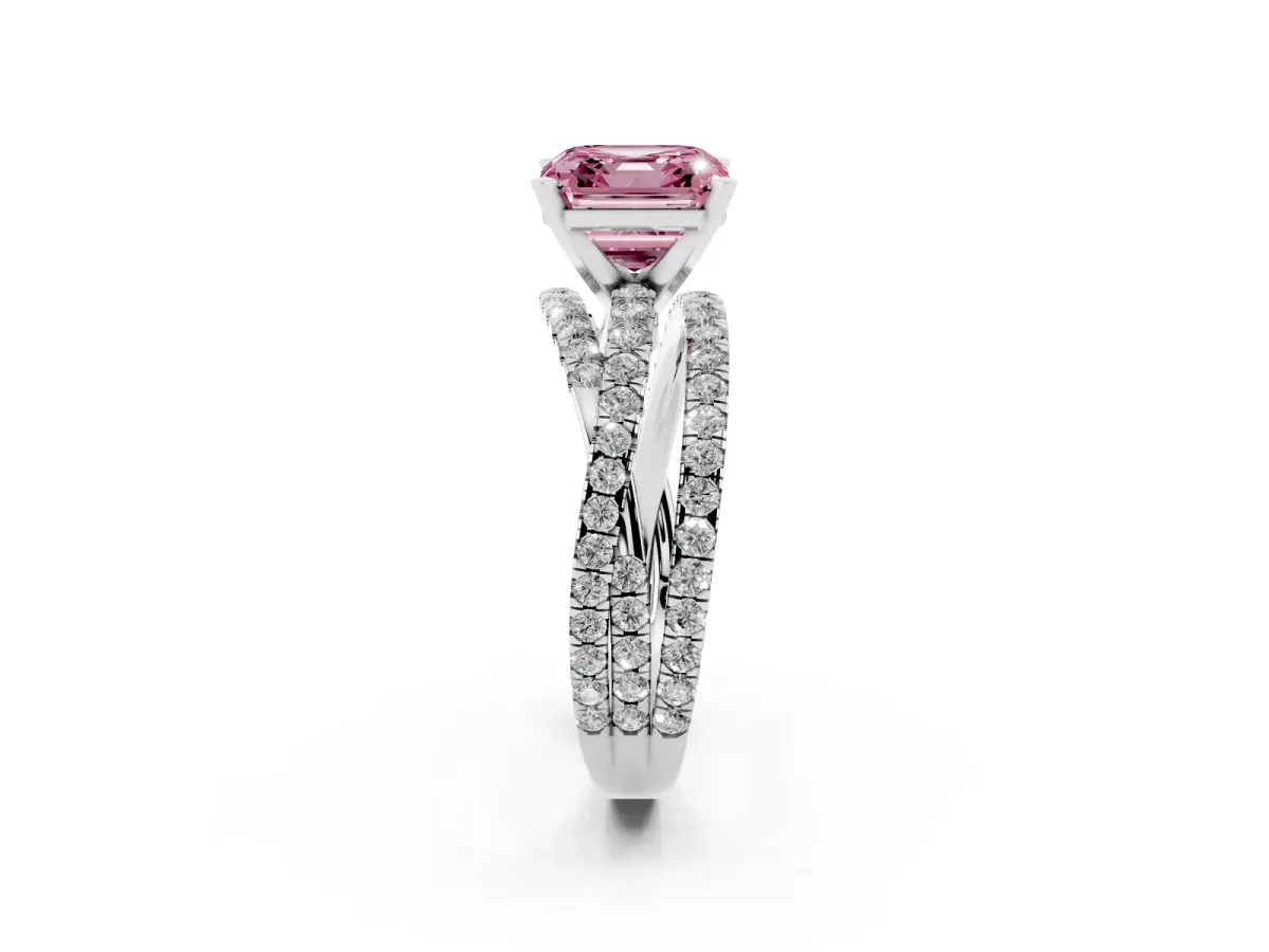 Fancy Pink Asscher Cut Solitaire Twist Band with Pavé Setting and Four-Prong Setting Silver