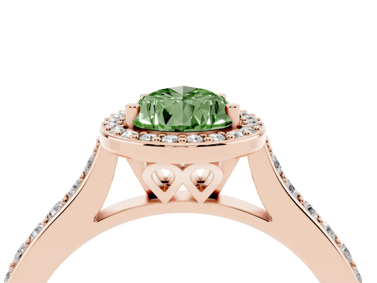 Fancy Green Pear Cut Diamond Halo Engagement Ring with Round Pavé Shoulders and Prong Setting Rose gold