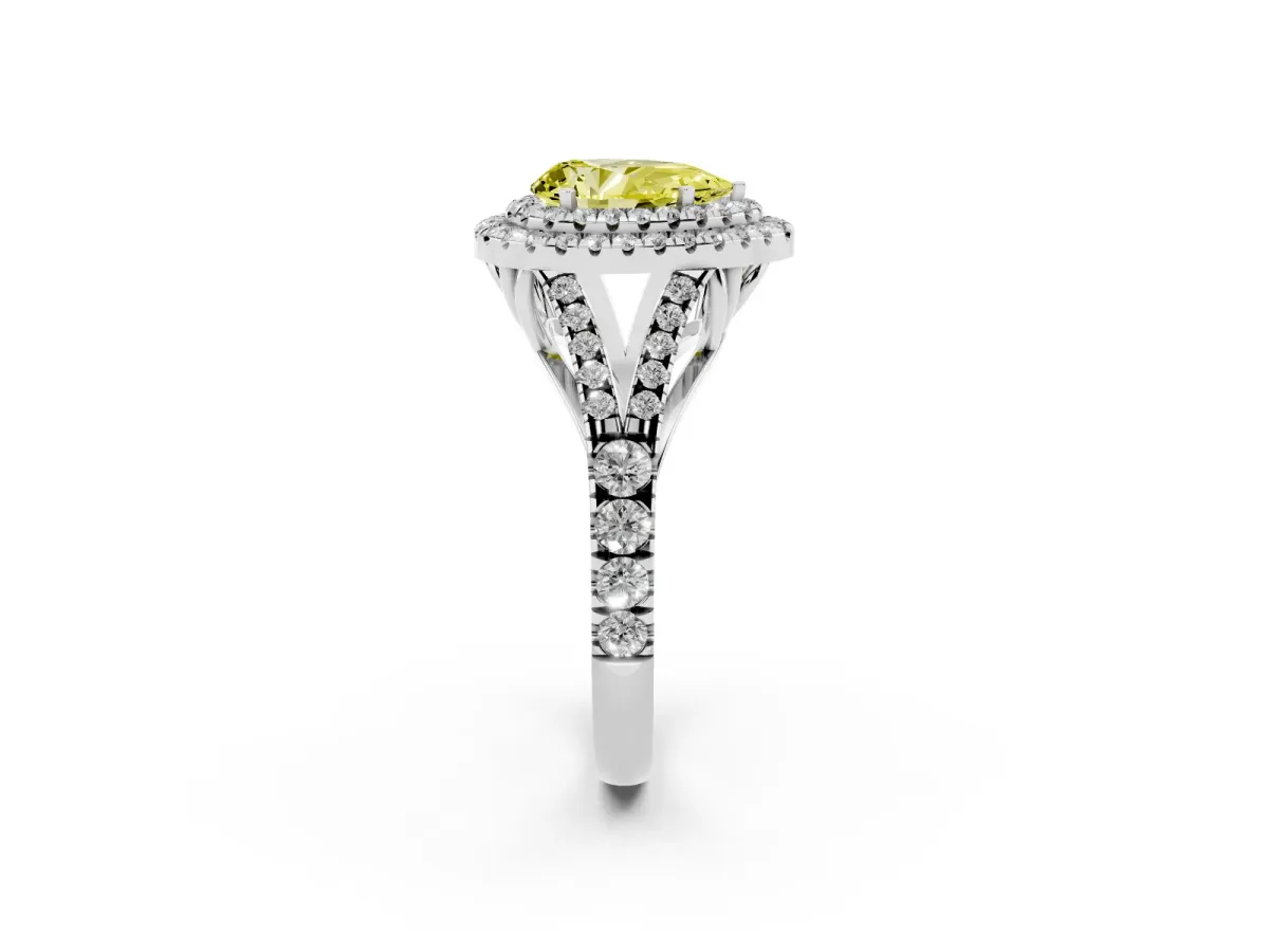 Fancy Yellow Pear Cut Diamond Pavé Split Shank Double Halo Engagement Ring Silver