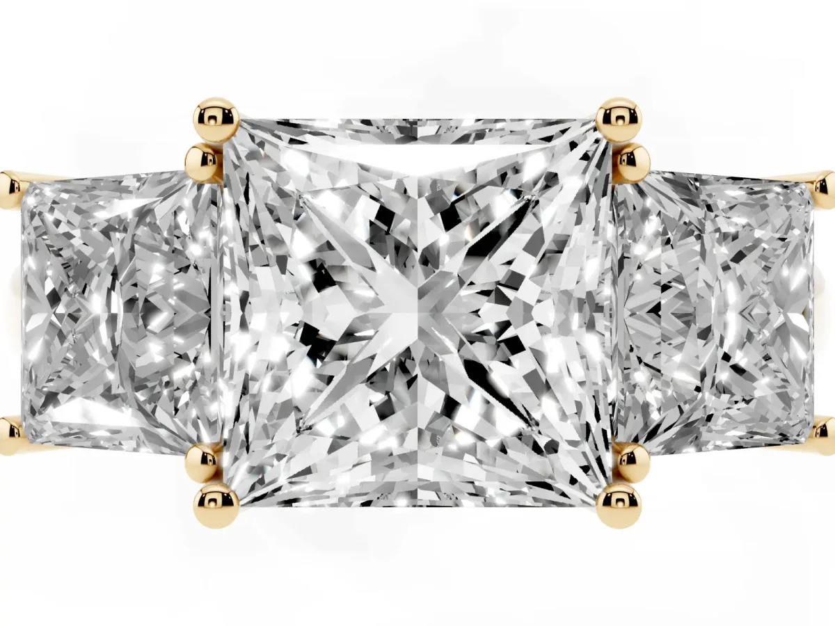 Three-Stone Princess Cut Diamond Engagement Ring with Prong Setting Yellow gold