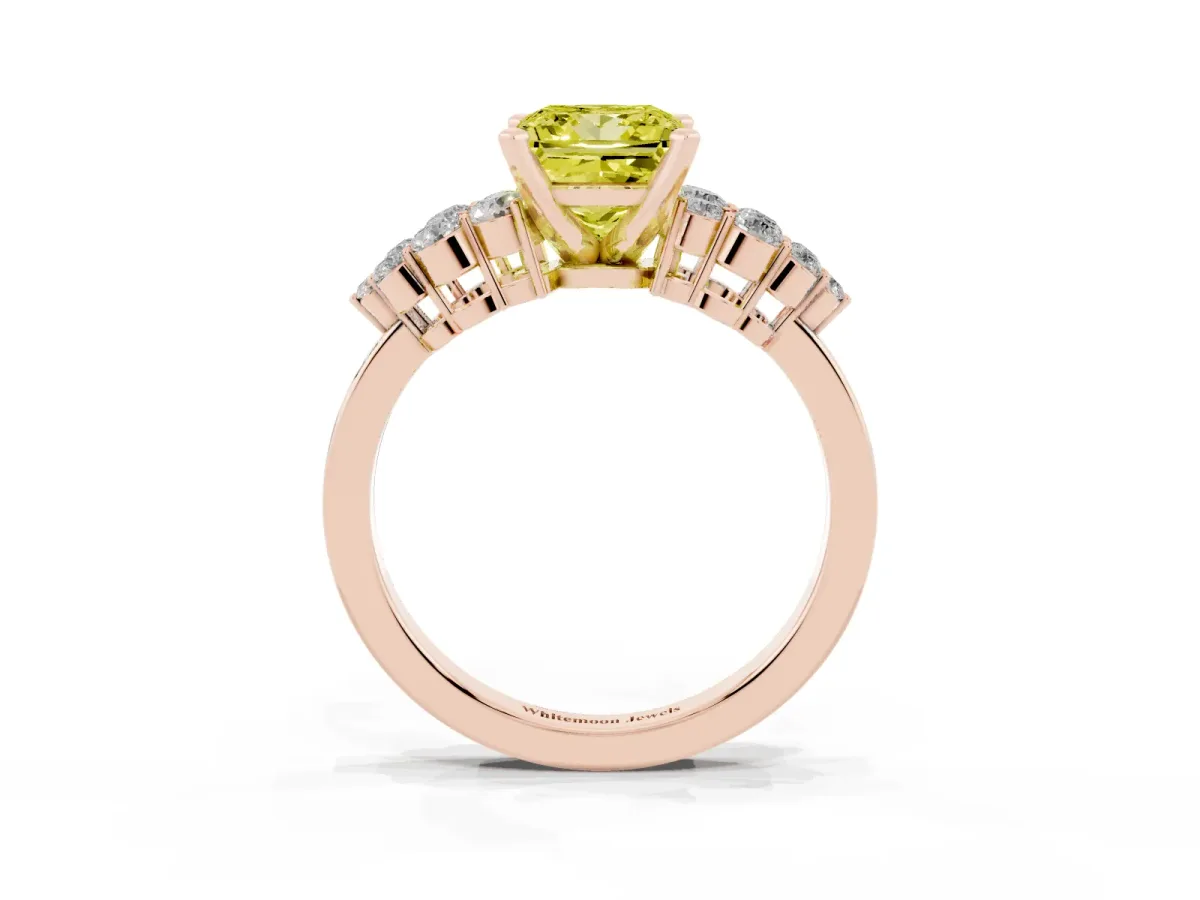 Fancy Yellow Princess Cut Cluster Diamond Engagement Ring with Pavé Band and Four-Prong Setting Rose gold
