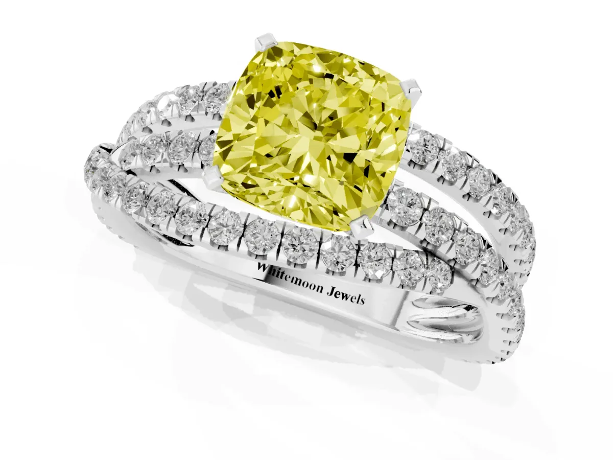Fancy Yellow Cushion Cut Solitaire Twist Band with Pavé Setting and Four-Prong Setting Silver