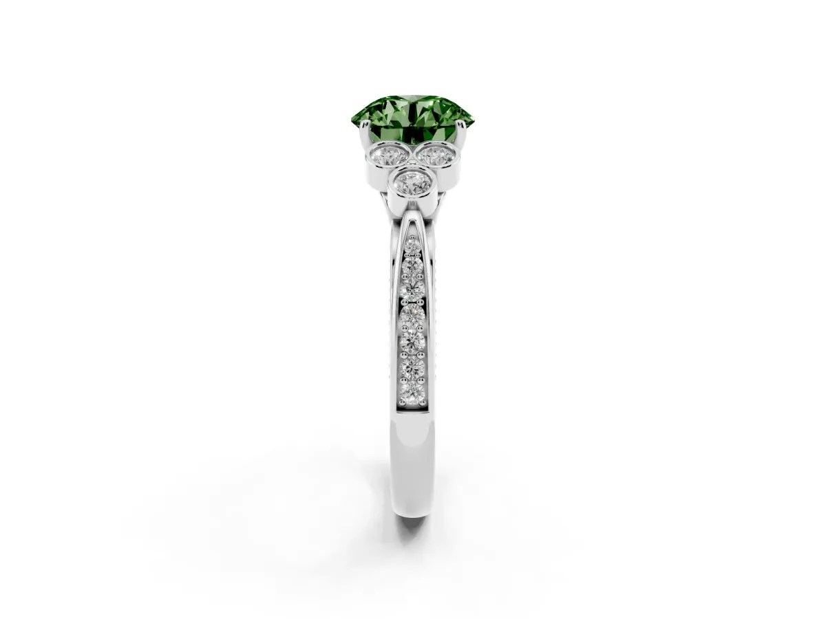 Fancy Green Round Cut Cut Diamond Engagement Ring with Bezel Set Round Side Stones and Prong Setting Platinum