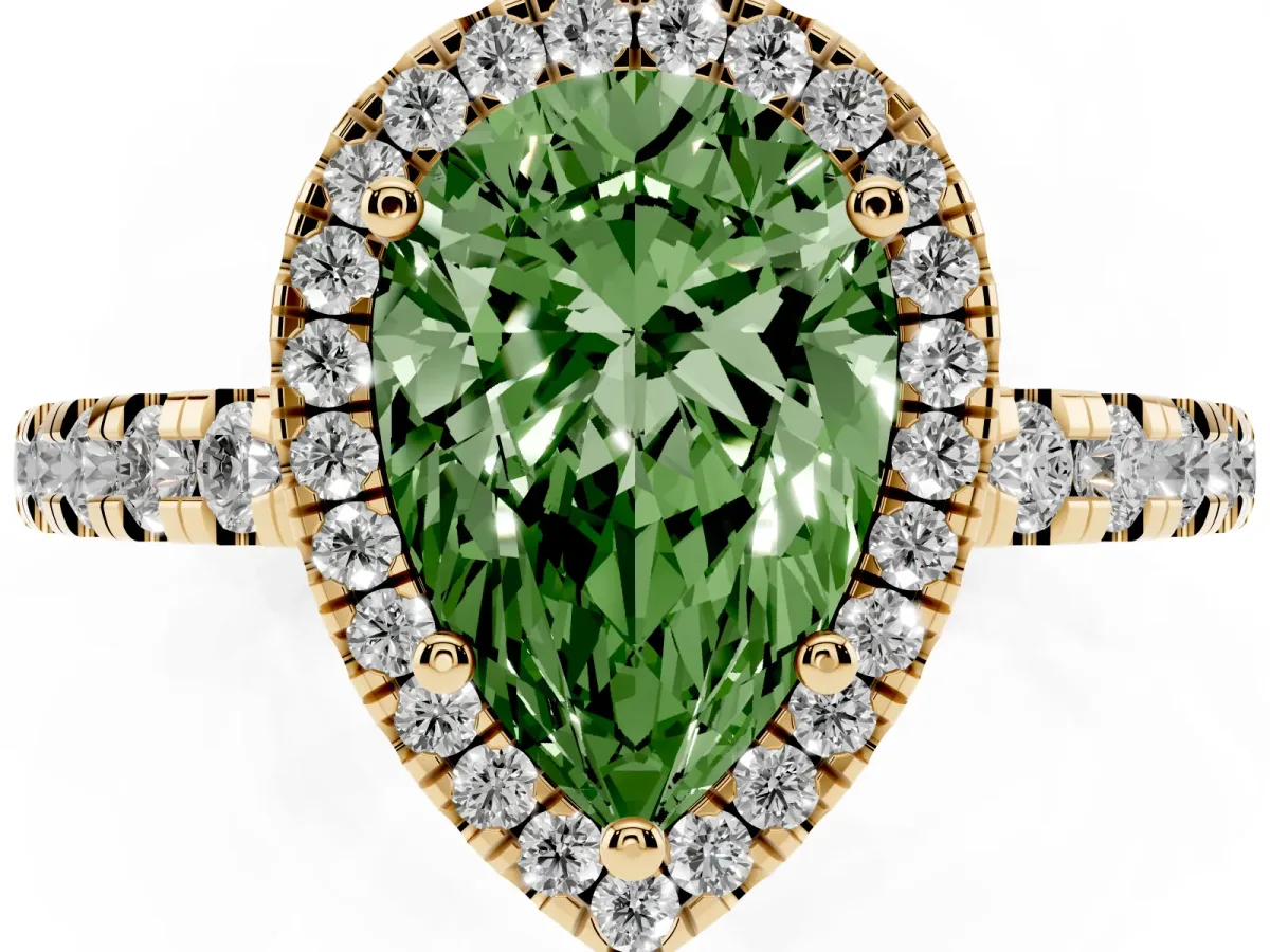 Fancy Green Pear Cut Diamond Halo Ring with Pavé Band and Four-Prong Setting Yellow gold