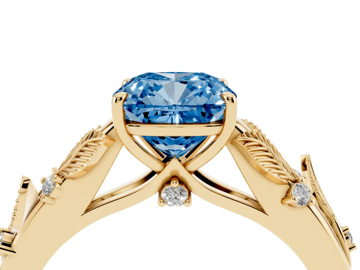 Fancy Blue Cushion Cut Diamond Solitaire Ring with Leaf Motif Band and Four-Prong Setting Yellow gold