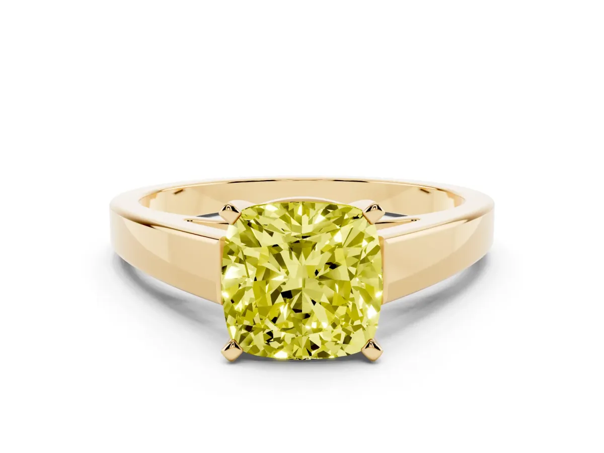 Fancy Yellow Cushion Cut Solitaire Engagement Ring with Four-Prong Setting and Tapered Band Yellow gold