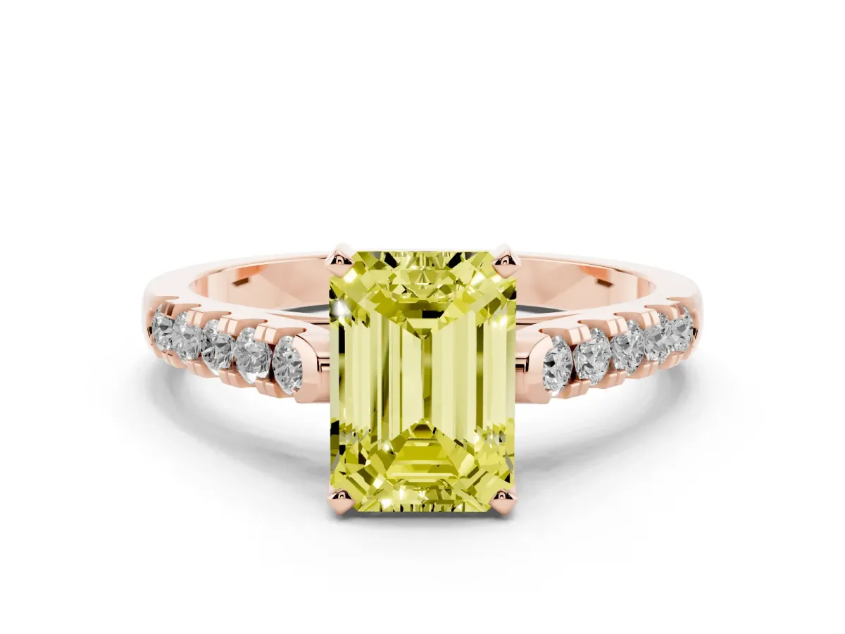 Fancy Yellow Emerald Cut Diamond Pavé Band Solitaire Ring with Prong Setting Rose gold