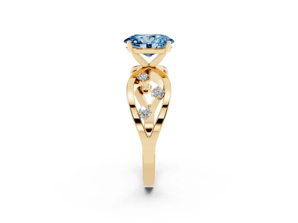Fancy Blue Oval Cut Cut Solitaire Diamond with Side Stones on Criss-Cross Band and Four-Prong Setting Yellow gold