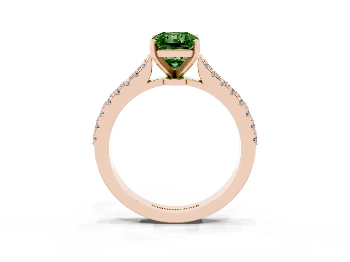 Fancy Green Radiant Cut Cut Solitaire Diamond Engagement Ring with Pave Band and Four-Prong Setting Rose gold