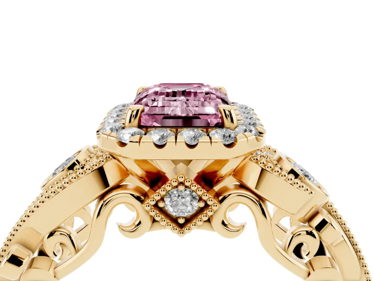 Fancy Pink Emerald Cut Diamond Halo Ring with Milgrain Pavé Band and Four-Prong Setting Yellow gold