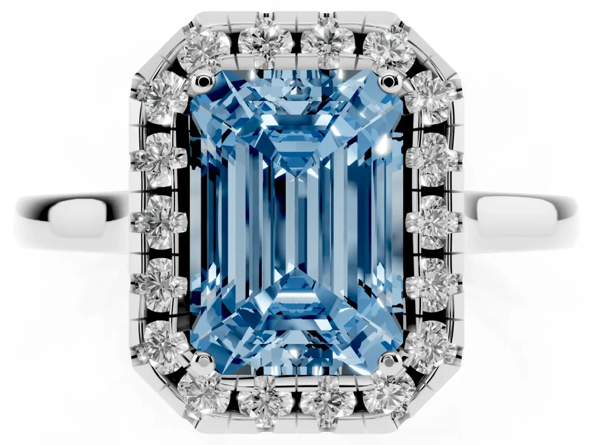 Fancy Blue Emerald Cut Halo Round Diamond Solitaire Ring with Pavé Band and Four-Prong Setting Silver