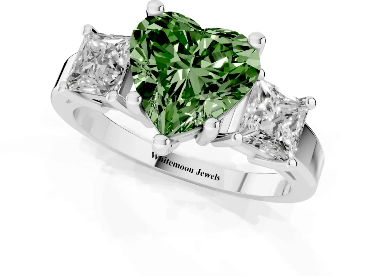 Fancy Green Three-Stone Heart Cut Cut Solitaire Ring with Prong Setting Silver