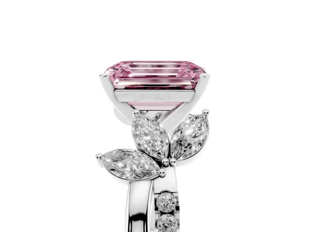Fancy Pink Emerald Cut Diamond Floral Vine Solitaire Engagement Ring Silver
