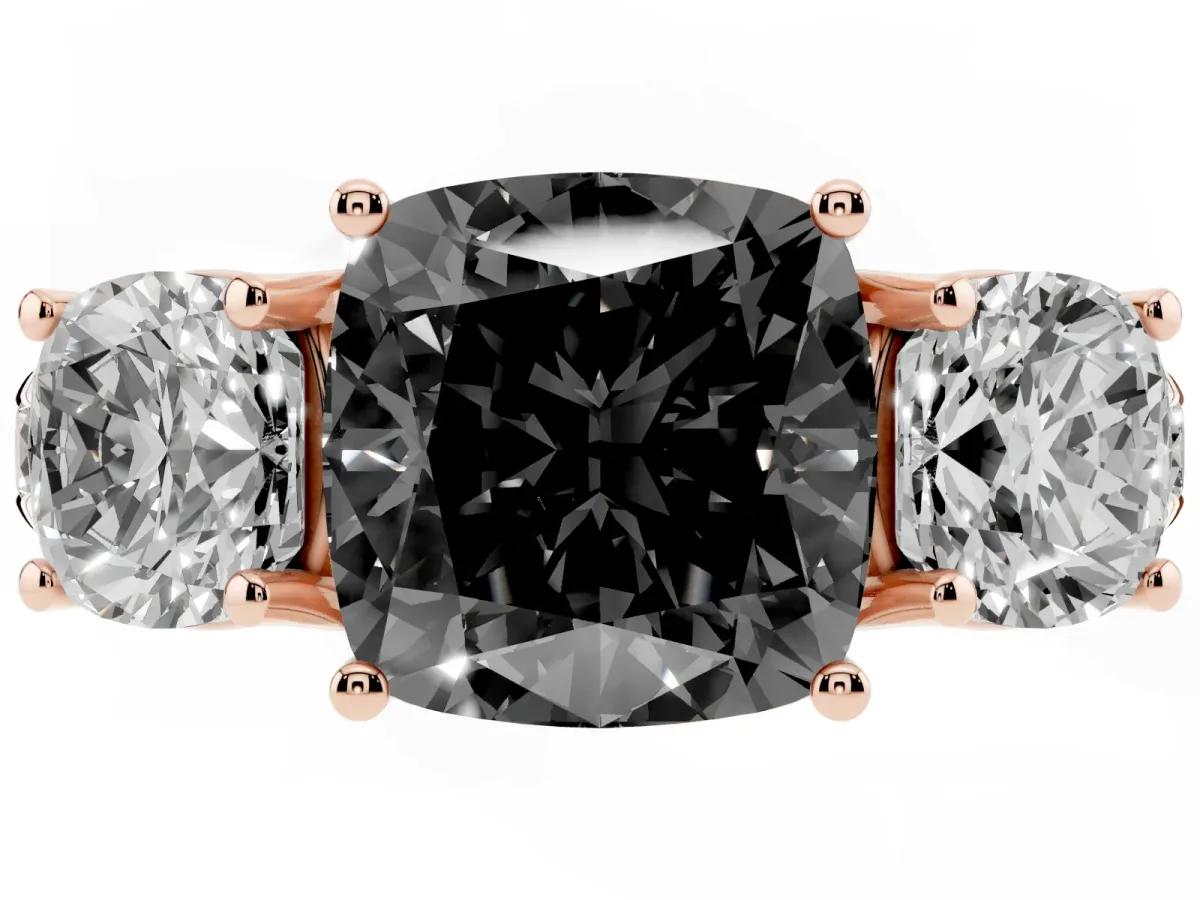 Fancy Black Three-Stone Cushion Cut Diamond Pavé Band with Prong Setting Rose gold