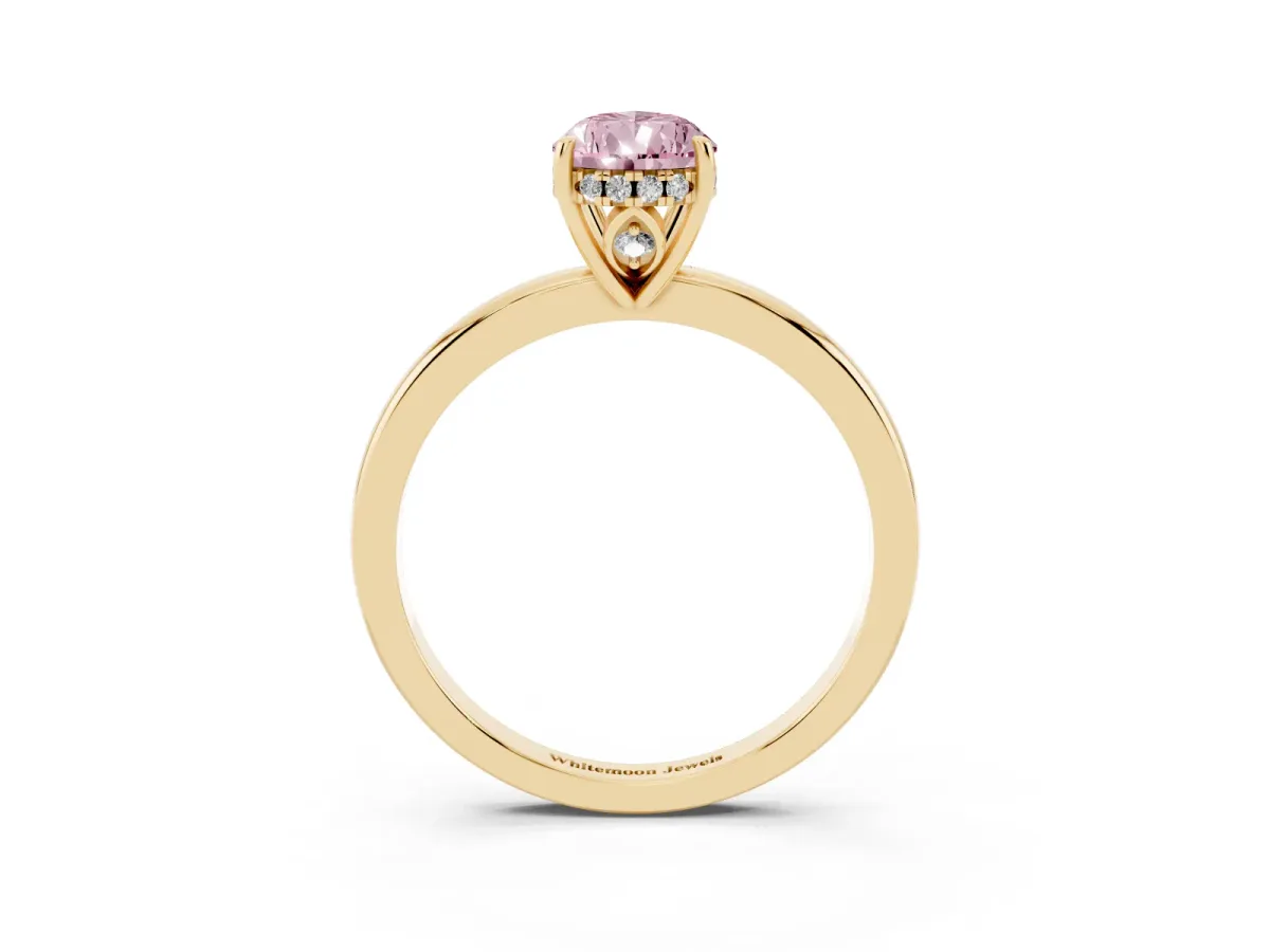 Fancy Pink Pear Cut Solitaire Diamond Ring with Prong Setting and Plain Band Yellow gold
