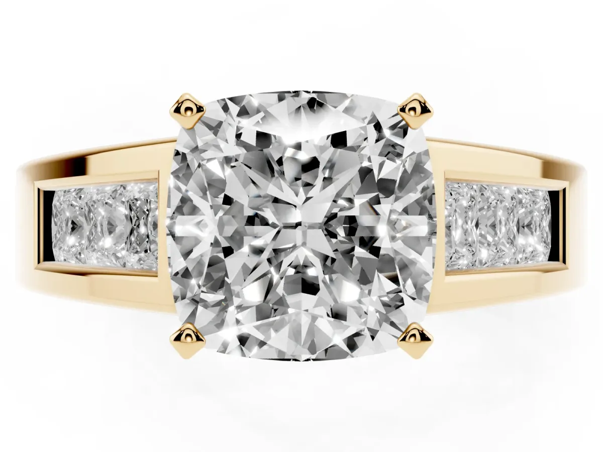 Cushion Cut Cut Channel Set Solitaire Ring with Four-Prong Setting Yellow gold