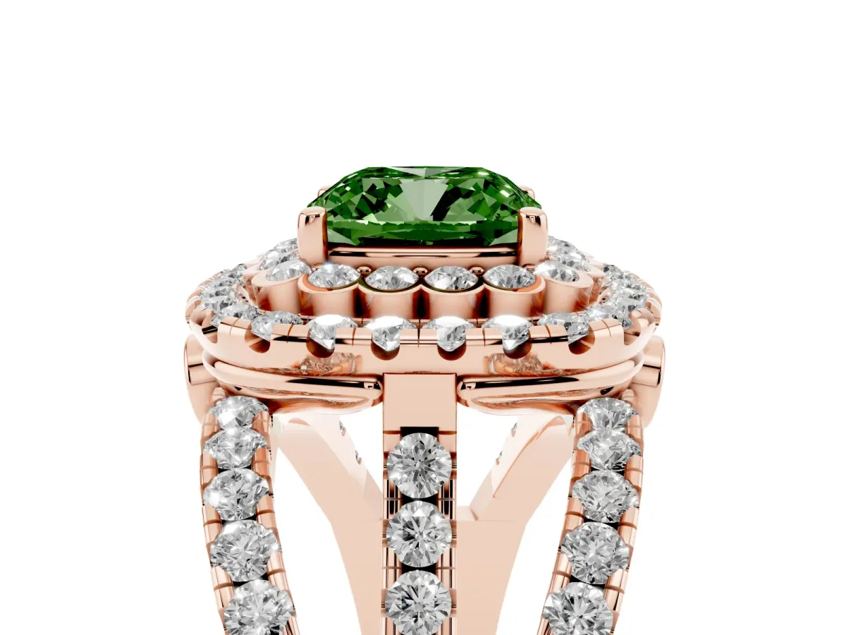 Fancy Green Cushion Cut Diamond Double Halo Ring with Round Pavé Split Shank and Prong Setting Rose gold