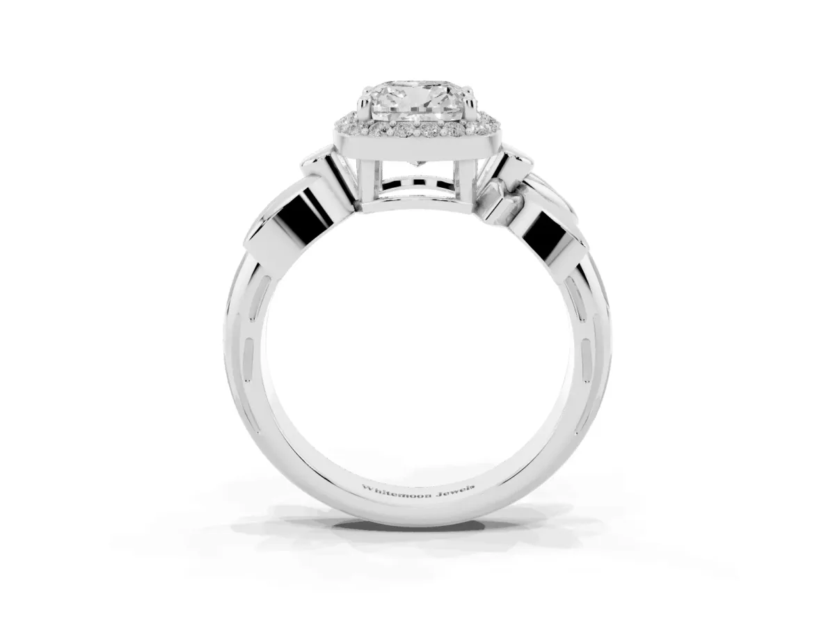 Cushion Cut Halo Diamond Floral Band with Four-Prong Setting White gold