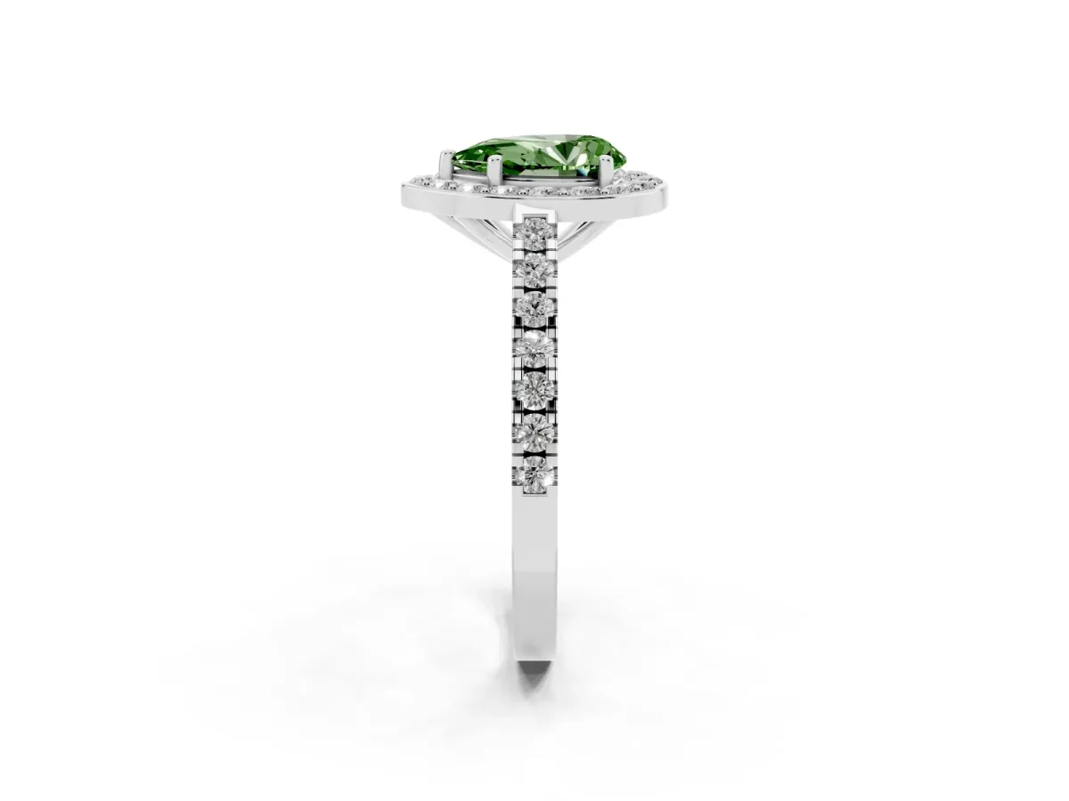 Fancy Green Pear Cut Diamond Halo Ring with Round Pavé Split Shank and Prong Setting Silver
