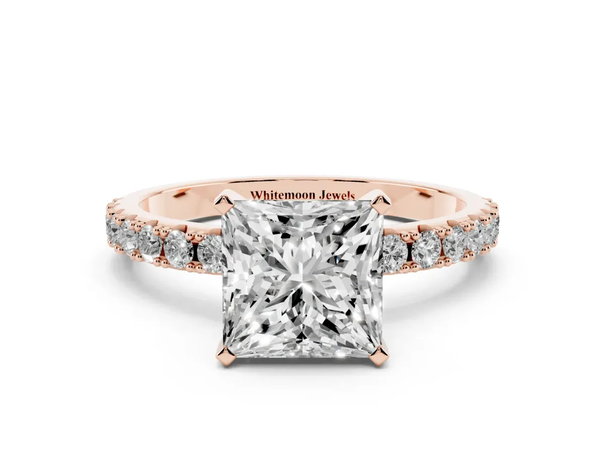 Princess Cut Diamond Solitaire Pavé Band with Four-Prong Setting Rose gold
