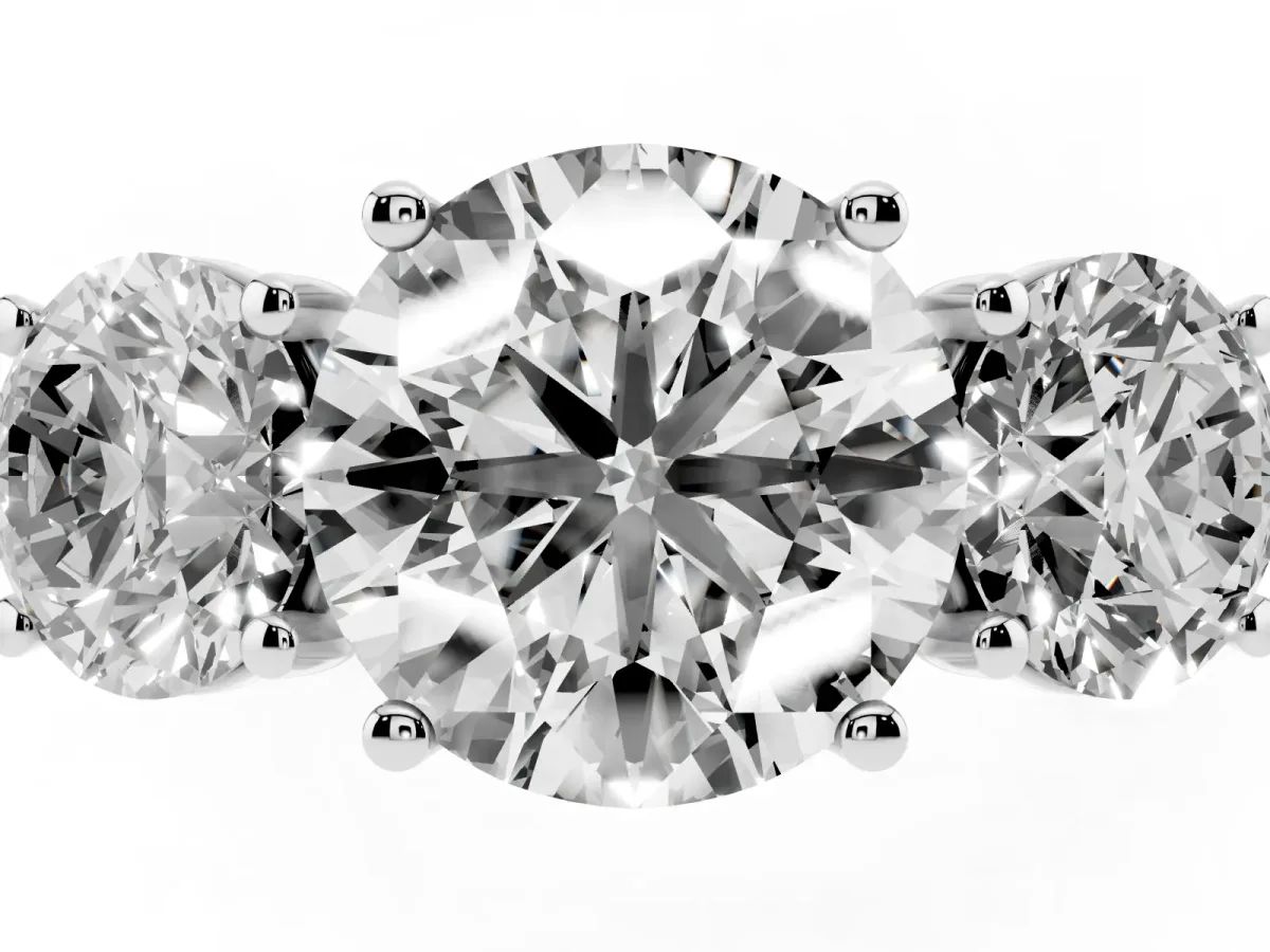 Three-Stone Round Cut Diamond Ring with Round Pavé Band and Prong Setting Silver