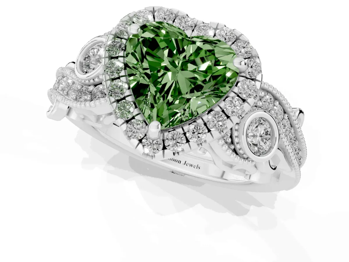 Fancy Green Heart Cut Halo Diamond Ring with Milgrain and Bezel Accents on a Split Shank Band White gold