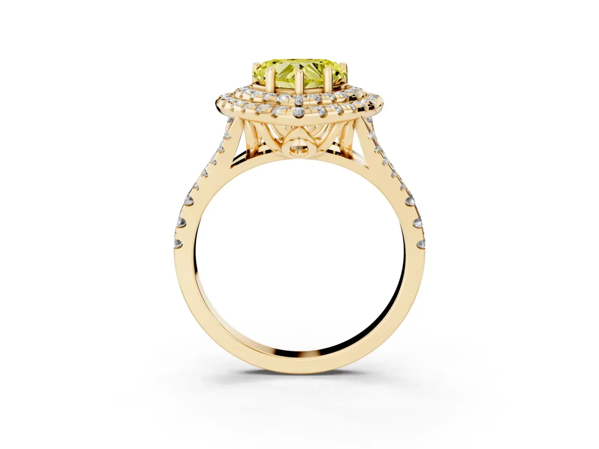Fancy Yellow Double Halo Heart Cut Diamond Pavé Split Shank Ring with Prong Setting Yellow gold