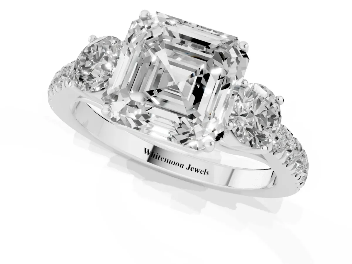 Asscher Cut Cut Diamond Three-Stone Ring with Round Side Stones and Pavé Band White gold