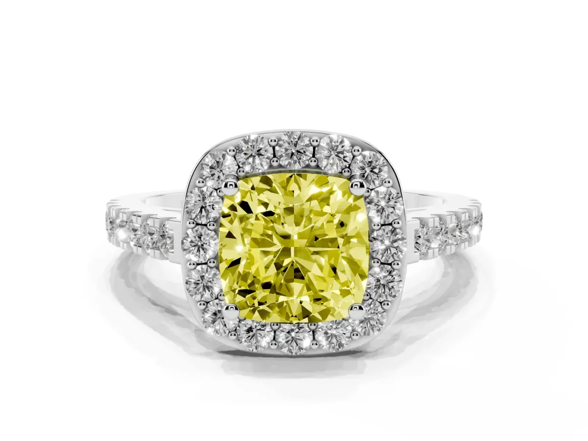 Fancy Yellow Cushion Cut Diamond Halo Ring with Round Pavé Split Shank and Prong Setting Silver