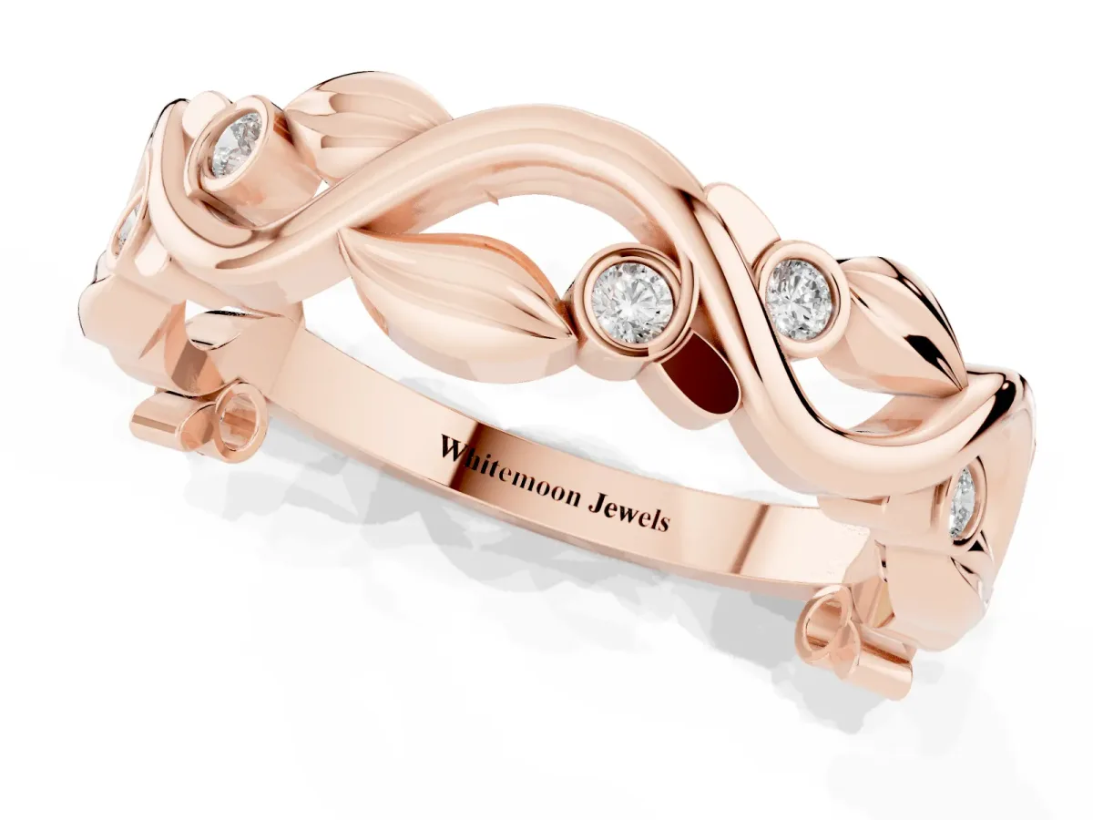 Round Diamond Leaf Eternity Band with Bezel Setting Rose gold