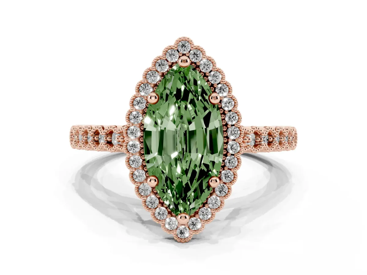 Fancy Green Marquise Cut Cut Halo Pavé Solitaire Ring with Milgrain Band Rose gold