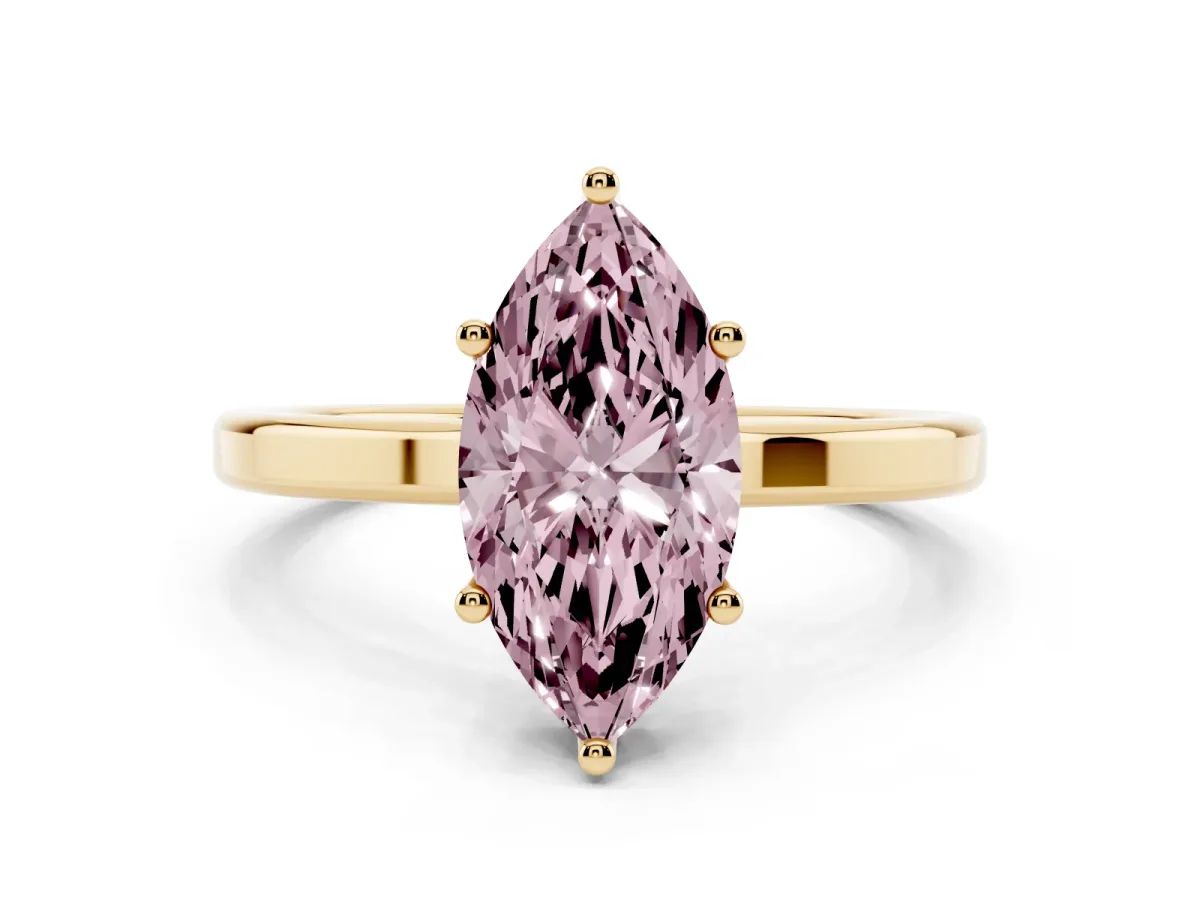 Fancy Pink Marquise Cut Cut Solitaire Engagement Ring with Four-Prong Setting on a Classic Band Yellow gold