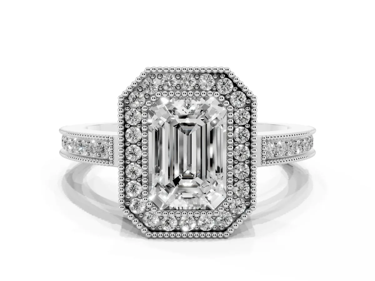 Emerald Cut Cut Halo Diamond Ring with Pavé Band and Milgrain Prong Setting Silver