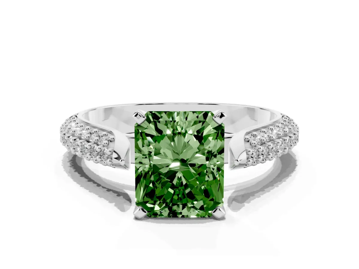 Fancy Green Radiant Cut Diamond Solitaire Engagement Ring with Multi-Row Round Pavé Band and Prong Setting White gold