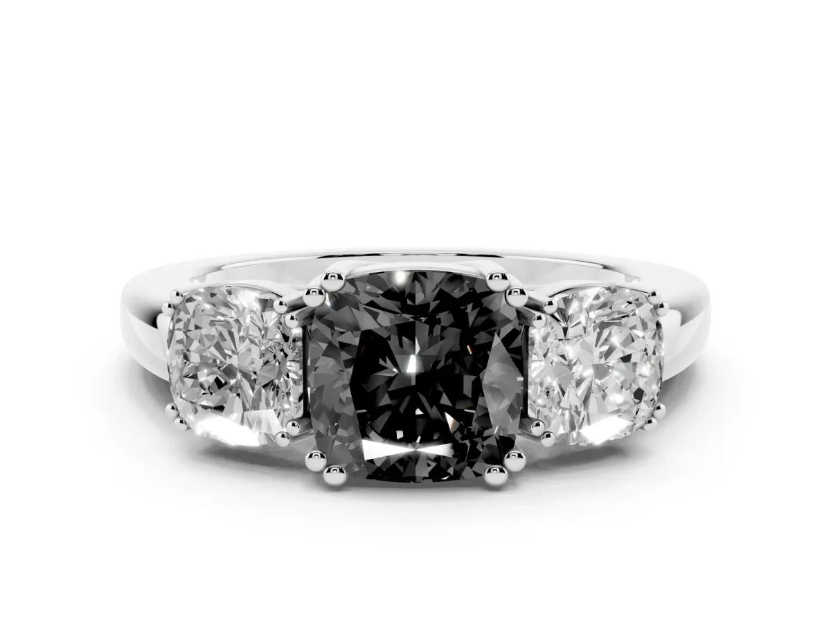 Fancy Black Three-Stone Cushion Cut Cut Diamond Ring with Channel Set Band and Four-Prong Setting Silver