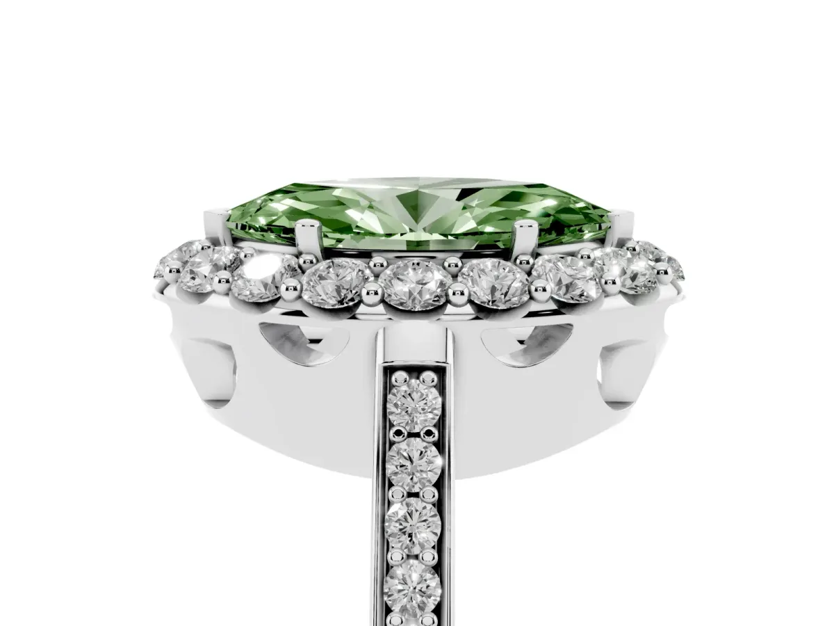 Fancy Green Marquise Cut Diamond Floral Halo Ring with Pavé Band and Prong Setting Platinum