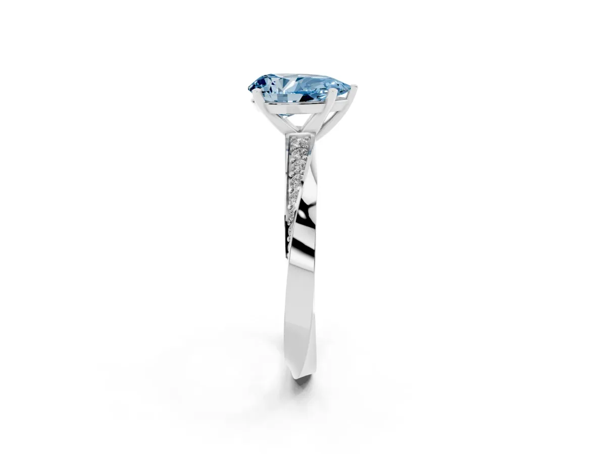 Fancy Blue Pear Cut Diamond Engagement Ring with Side Stone Accents and Four-Prong Setting Silver