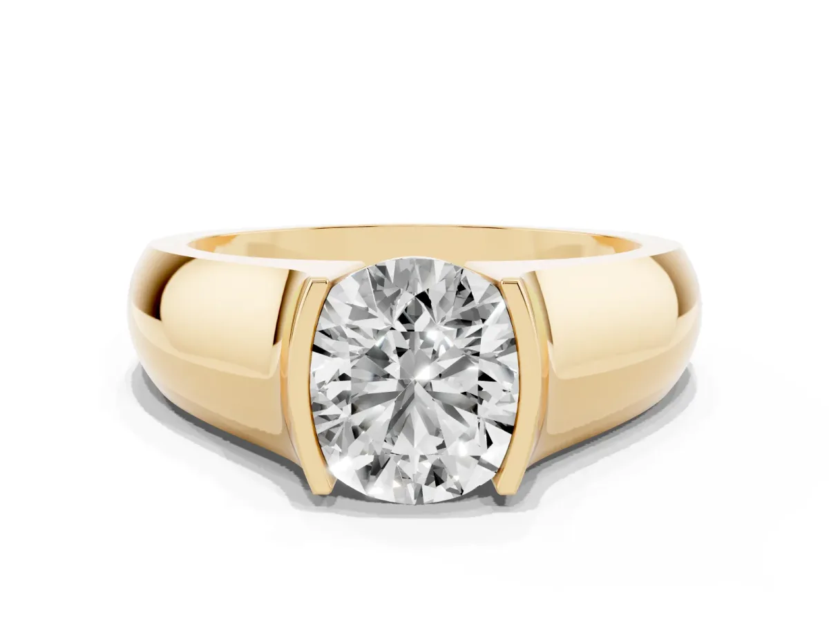 Round Cut Solitaire Bezel Set Diamond Ring with Wide Band Yellow gold