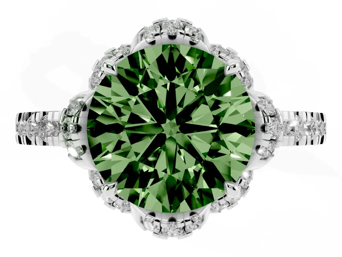 Fancy Green Round Cut Diamond Halo Pave Band with Four-Prong Setting Silver