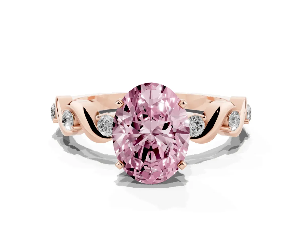 Fancy Pink Oval Cut Diamond Solitaire Twisted Band with Round Accents and Prong Setting Rose gold