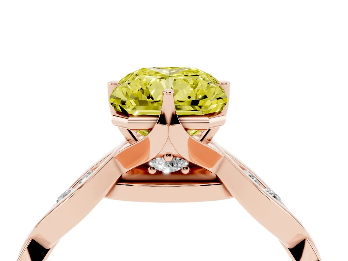 Fancy Yellow Radiant Cut Solitaire Twist Band with Leaf Prong Setting Rose gold