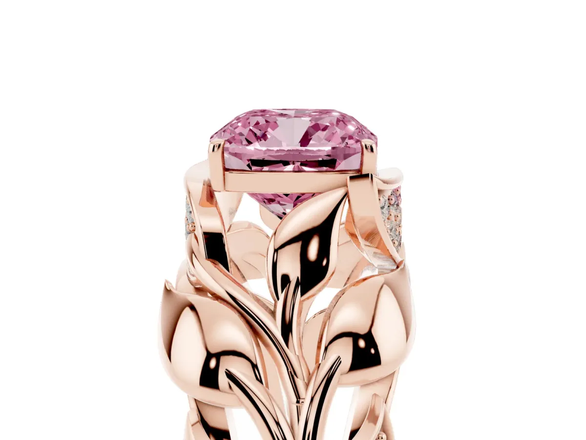 Fancy Pink Cushion Cut Diamond Leaf-Inspired Engagement Ring with Round Accents and Prong Setting Rose gold