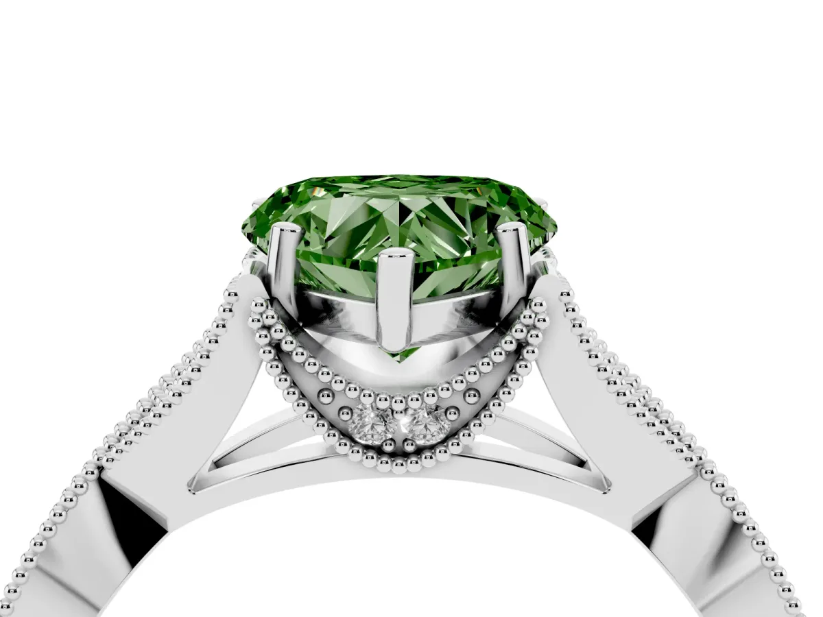 Fancy Green Heart Cut Cut Diamond Twisted Band with Milgrain Pave Setting and Four-Prong Setting White gold