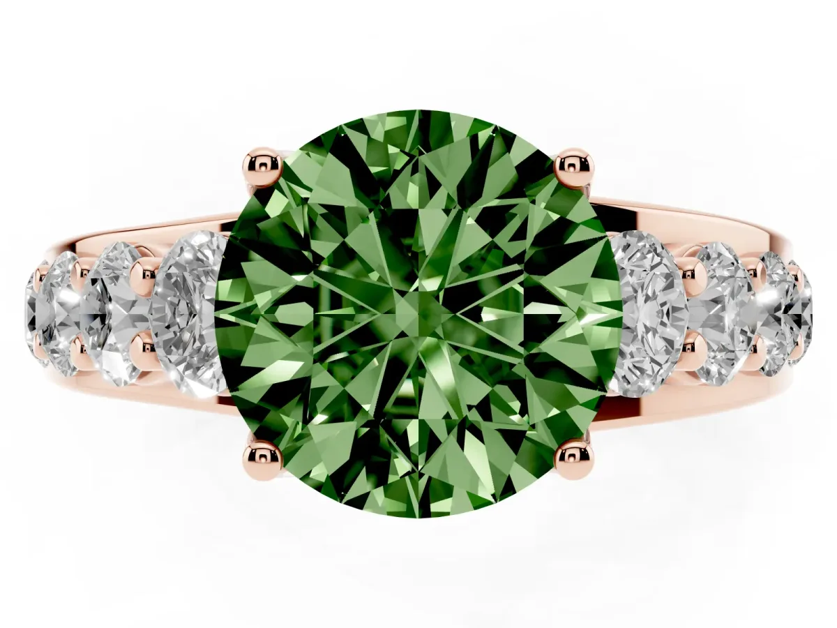 Fancy Green Round Cut Diamond Engagement Ring with Pavé Band and Four-Prong Setting Rose gold