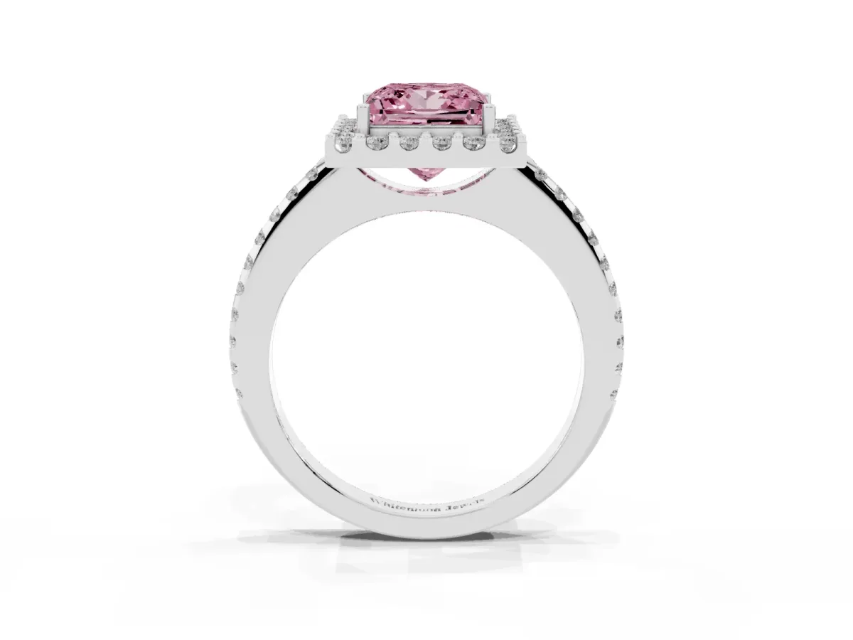 Fancy Pink Princess Cut Diamond Pavé Halo Ring with Four-Prong Setting Silver